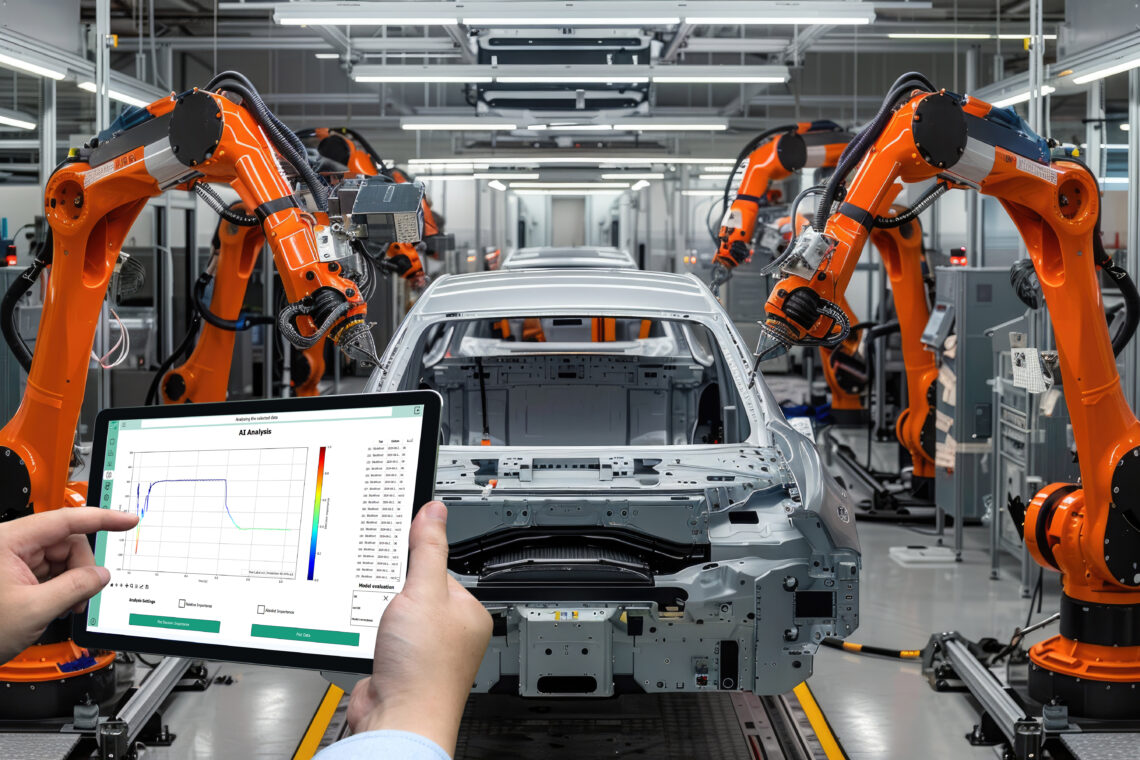 High-tech EV car assembly with orange robotic arms in a contempo